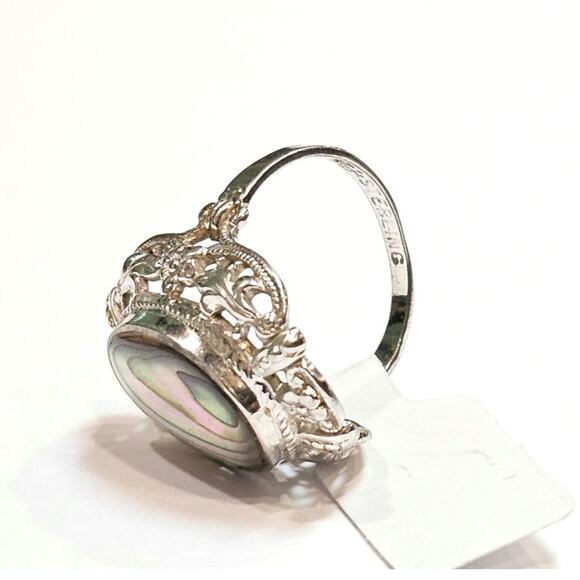 Vintage Uncas Sterling Silver Abalone Ring - Milgrain, Orange Blossom, Size 7 - Picture 3 of 3